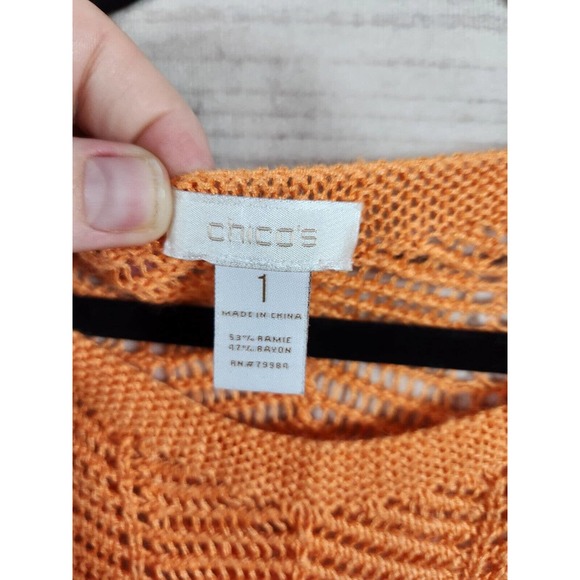 Chico's Orange Open Crochet Knit Scoop Neck Drawstring‎ Side Sweater Top 1 / M - Picture 3 of 5